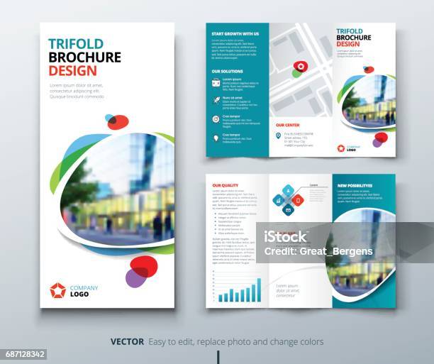 Business Tri Fold Brochure Design Teal Orange Corporate Business Template For Tri Fold Flyer Layout With Modern Square Photo And Abstract Background Creative Concept 3 Folded Flyer Or Brochure Stock Illustration - Download Image Now