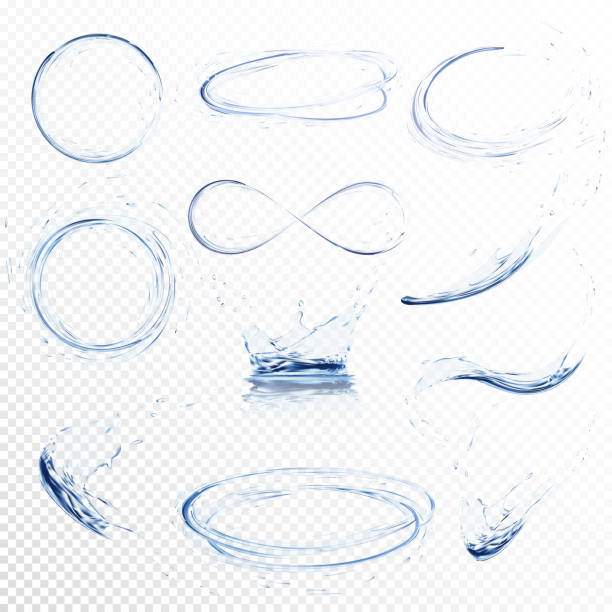 투명 한 물 튀김의 집합, 원, 소용돌이, 방울과 크라운 에서 물에 떨어지는 밝은 파란색 색상, 투명 한 배경에 격리. 벡터 파일에서만 투명도 - water drop liquid falling water stock illustrations