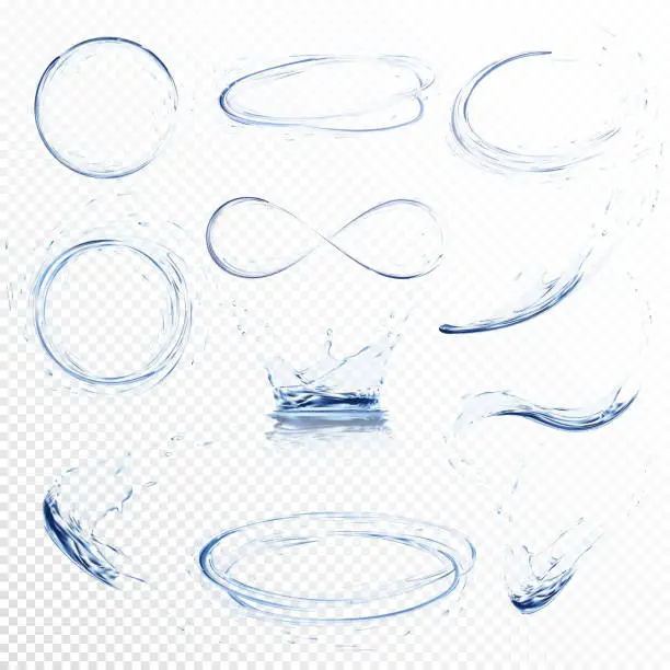 Vector illustration of Set of transparent water splashes, circles, whirlpools, drops and crown from falling into the water in light blue colors, isolated on transparent background. Transparency only in vector file