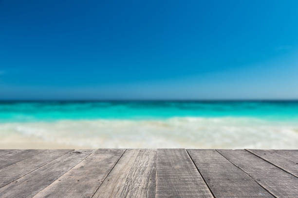 istock wooden floor with beautiful ocean and blue sky scenery 687133446