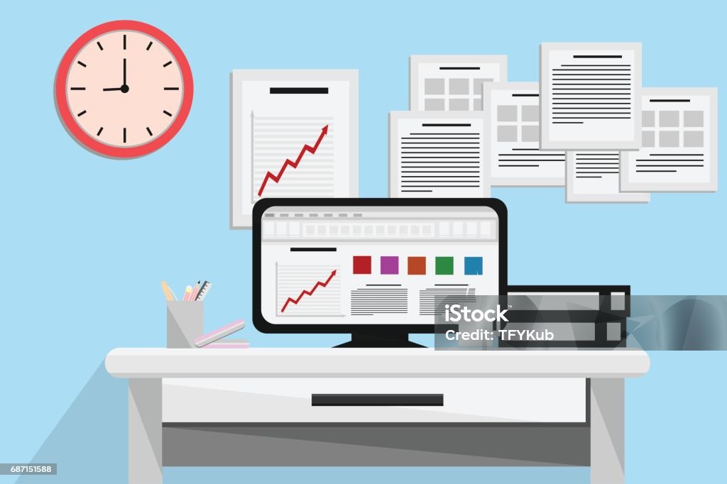 Interior Office Room Design With Computer And Accessory Designvector ...