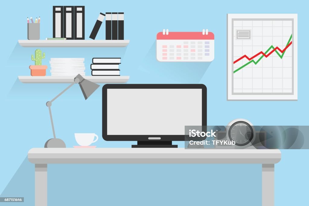 Interior Office Room Design With Computer And Accessory Designvector ...