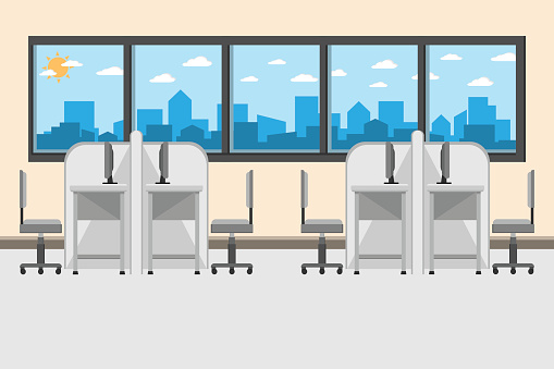 Interior Office Room Design With Computer And Accessory Designvector ...