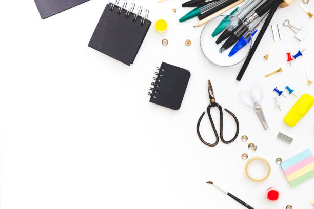 istock School and office stationery at table. Top view with copy space. 687151958