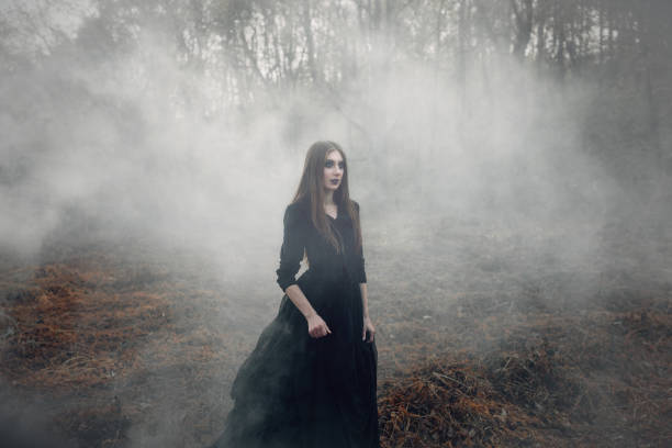 istock Young attractive Witch walking on the field in heavy black smoke. 687155316