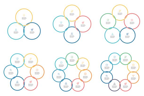 illustrazioni stock, clip art, cartoni animati e icone di tendenza di infografica aziendale. grafici a torta con 3, 4, 5, 6, 7, 8 passaggi. cerchi connessi. modelli infografici vettoriali. - six objects immagine