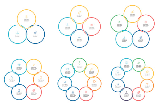 Business infographics. Pie charts with 3, 4, 5, 6, 7, 8 steps. Connected circles. Vector infographic templates.