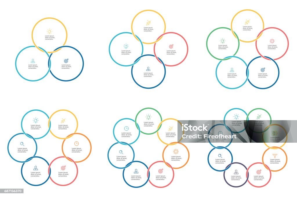 Business infographics. Pie charts with 3, 4, 5, 6, 7, 8 steps. Connected circles. Vector infographic templates. Circle stock vector