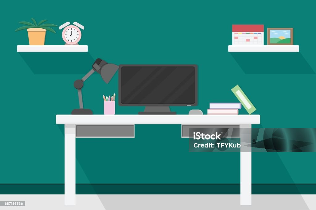 Interior Office Room Design With Computer And Accessory Designvector ...