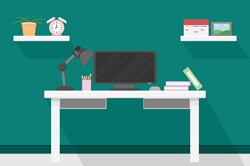 Interior Office Room Design With Computer And Accessory Designvector ...