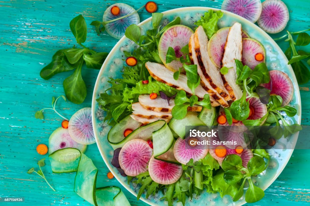 salad and appetizer Grilled chicken salad  with cucumber and watermelon radish Summer Stock Photo