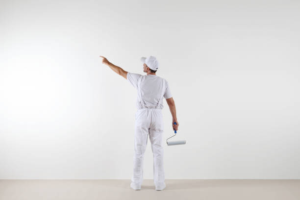 Rear view of painter man pointing with finger the blank wall, with paint roller, isolated on white room Rear view of painter man pointing with finger the blank wall, with paint roller, isolated on white room sign human hand pointing manual worker stock pictures, royalty-free photos & images