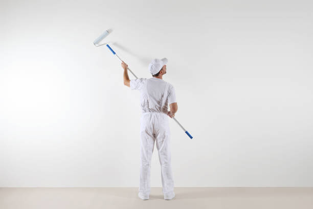 istock Rear view of painter man looking at blank wall, with paint roller stick, isolated on white room 687166578