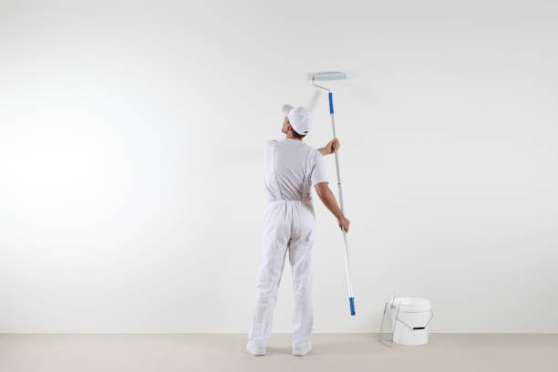 istock Rear view of painter man looking at blank wall, with paint stick roller and bucket, isolated on white room 687166584
