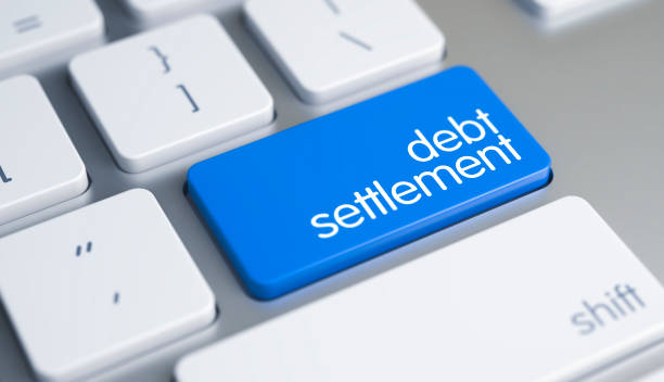 debt settlement - caption on the blue keyboard button. 3d - caption imagens e fotografias de stock