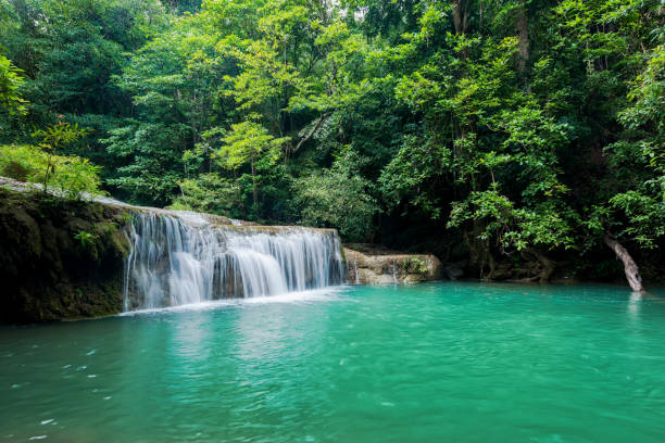 schöner und sehr schöner grüner wasserfall zur entspannung - erawan stock-fotos und bilder