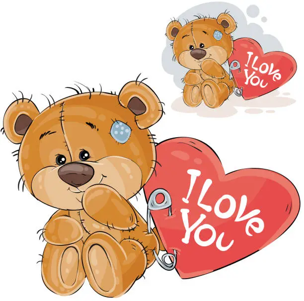 Vector illustration of Vector illustration of a loving brown teddy bear sitting with a red heart pinned to it with the inscription I Love You