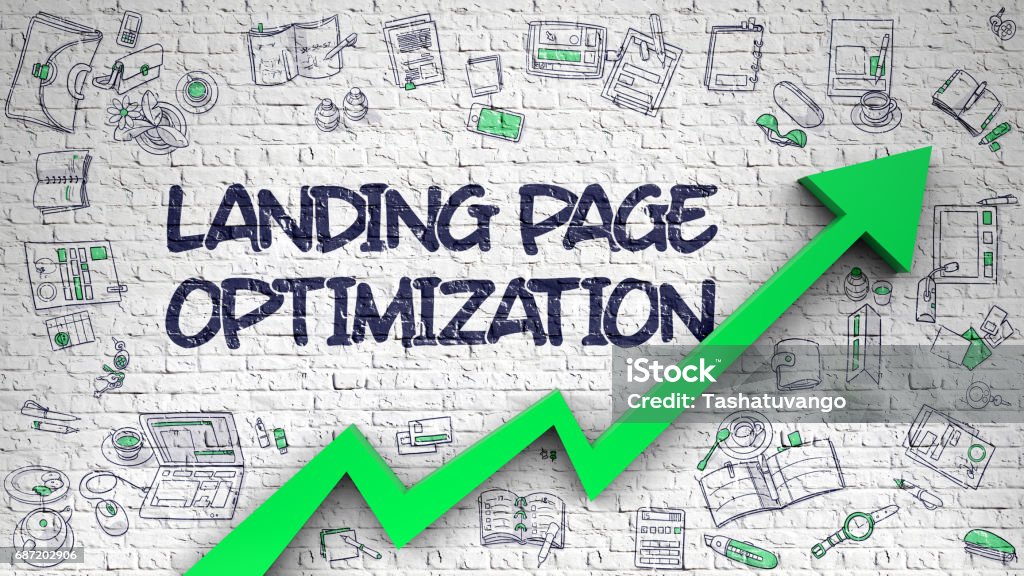 Landing Page Optimization Drawn on White Brick Wall. 3D Landing Page Optimization on Modern Illustation. with Green Arrow and Hand Drawn Icons Around. Landing Page Optimization Drawn on White Brick Wall. Illustration with Doodle Design Icons. 3D. Landing Page Stock Photo