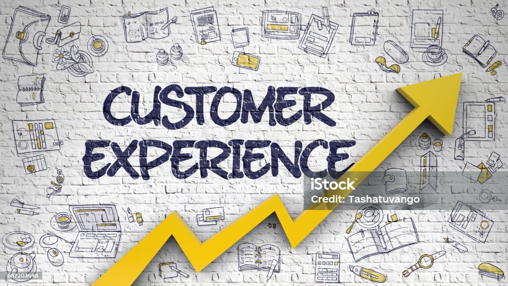Customer Experience Drawn on White Brickwall. 3D Customer Experience on Modern Style Illustation. with Orange Arrow and Hand Drawn Icons Around. Customer Experience - Business Concept. Inscription on Brick Wall with Doodle Icons Around. 3D. Customer Experience stock illustration