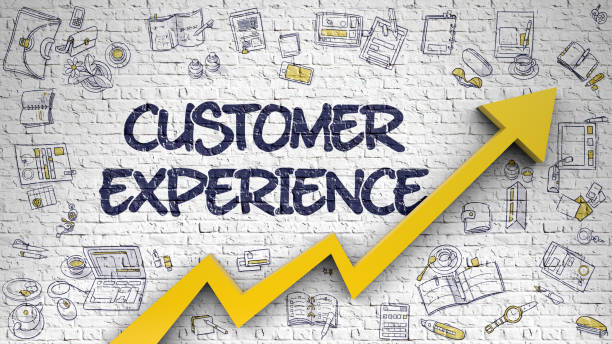 Customer Experience Drawn on White Brickwall. 3D Customer Experience on Modern Style Illustation. with Orange Arrow and Hand Drawn Icons Around. Customer Experience - Business Concept. Inscription on Brick Wall with Doodle Icons Around. 3D. customer experience stock illustrations