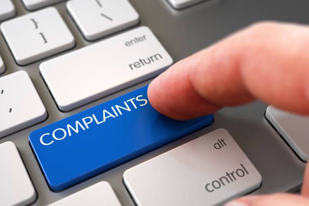 complaints - white keyboard concept. 3d - pushing push button human hand human finger imagens e fotografias de stock