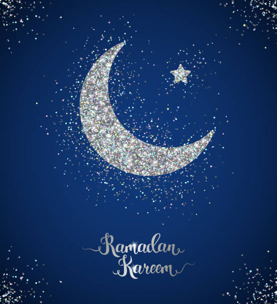 Ramadan Kareem card with crescent and star Ramadan Kareem glittering greeting card with crescent and star. Vector Illustration. Silver shining pattern with scattered confetti moon dust stock illustrations