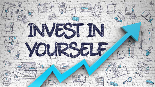 Invest In Yourself Drawn on White Brick Wall. 3D Invest In Yourself - Development Concept with Doodle Design Icons Around on the White Brick Wall Background. Brick Wall with Invest In Yourself Inscription and Blue Arrow. Improvement Concept. 3D. evolution stock pictures, royalty-free photos & images