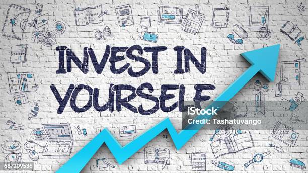 Invest In Yourself Drawn On White Brick Wall 3d Stock Photo - Download Image Now - Coach, Development, Business