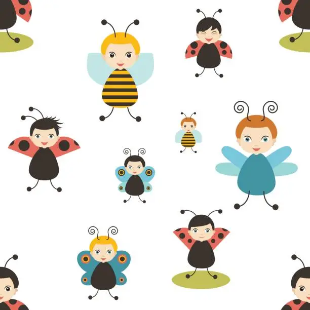 Vector illustration of Beatles cartoon seamless pattern. Bee, butterfly, ladybird.