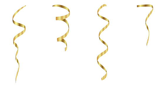 Gold serpentine ribbons, isolated on white transparent background. Decor for party, birthday celebrate or Christmas carnival, New Year gift. Golden festival silver streamers. Vector decorations.