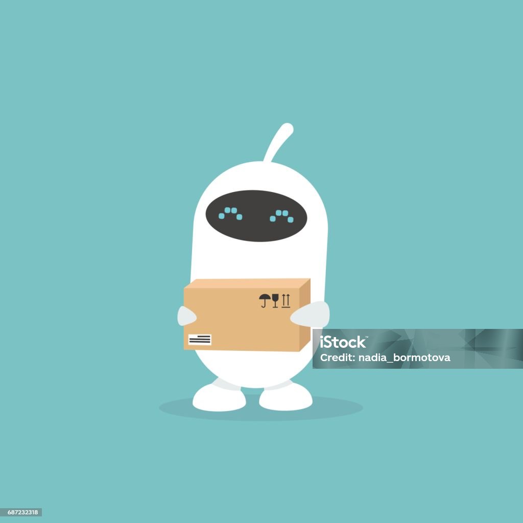 Cute white robot holding a parcel / flat editable vector illustration, clip art Robot stock vector