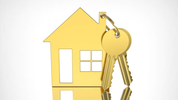 istock 3D illustration gold key with keychain in the form of a small house 687239632