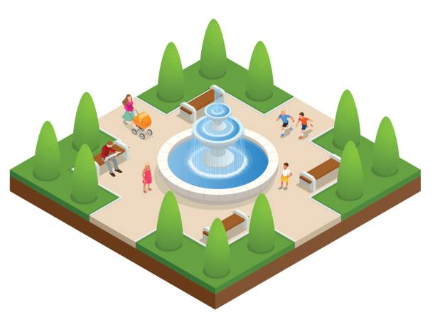 illustrations, cliparts, dessins animés et icônes de belle fontaine dans le parc. une zone de repos et de détente. les enfants jouent près de la fontaine. isométrie vectorielle plane sur fond blanc - fountain