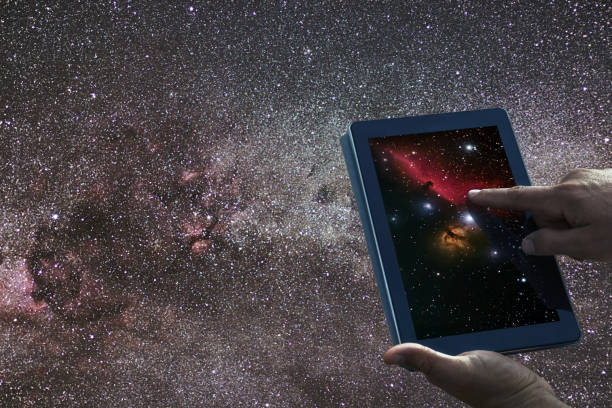 istock Space Astronomy Exploration Concept. Night Sky tablet Milky Way Galaxy. 687254320