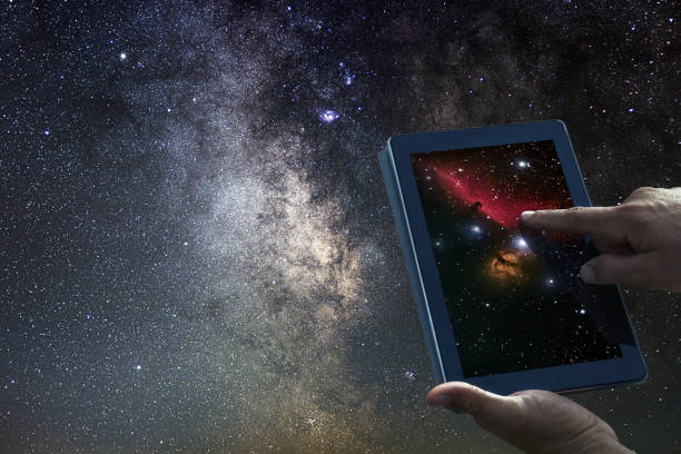istock Space Astronomy Exploration Concept. Night Sky tablet Milky Way Galaxy. 687254446