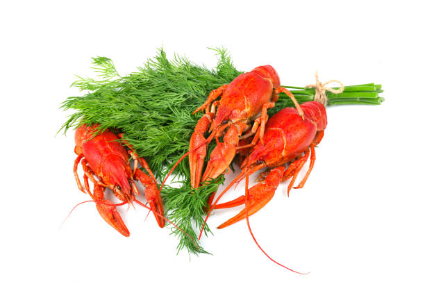 crayfish and lemons on a wooden table. close up