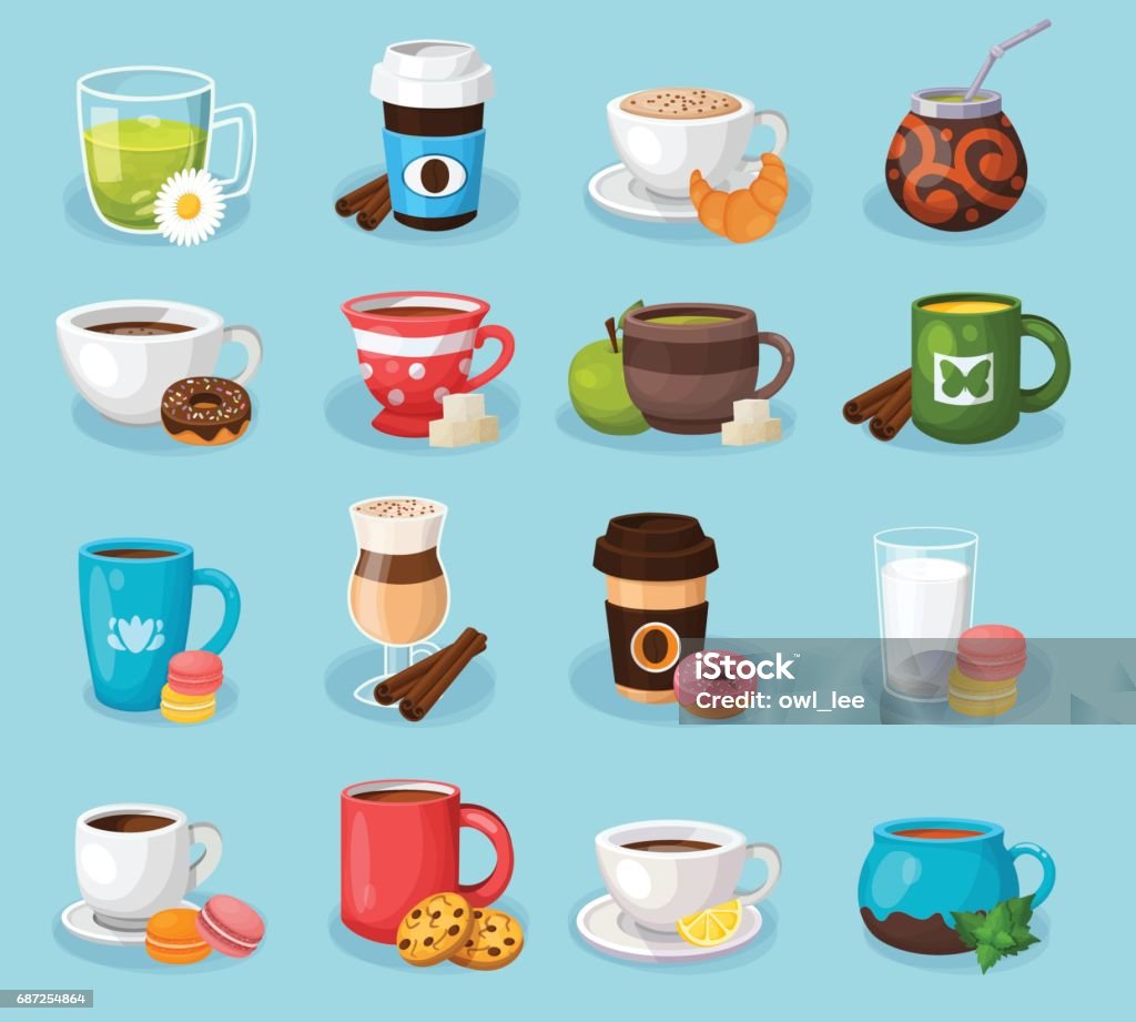 Colorful tea and coffee vector labels set. Modern icons for coffee shop and coffee house. Colorful template for cooking and restaurant menu. Coffee - Drink stock vector