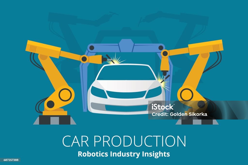 Car manufacturer or car production concept. Robotics Industry Insights. Car manufacturer or car production concept. Robotics Industry Insights. Automotive and electronics are top industry sectors for robotics use. Flat vector illustration Manufacturing stock vector