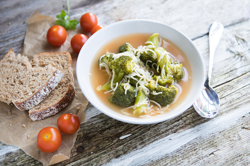 Delicious healthy eating, broccoli soup tomatto and home made bred