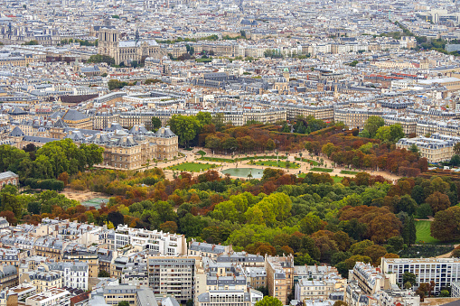 View of Luxembourg Gardens photographed from Tour Montparnasse, Paris France