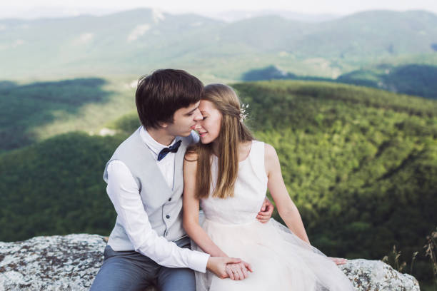 Gentle portrait of smiling newlyweds