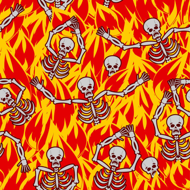 sünder in feuer hölle musterdesign. tot in gehenna. skelette, die um hilfe schreien. höllen-qualen. religiösen hintergrund. abrechnung für sünden - dead reckoning stock-grafiken, -clipart, -cartoons und -symbole