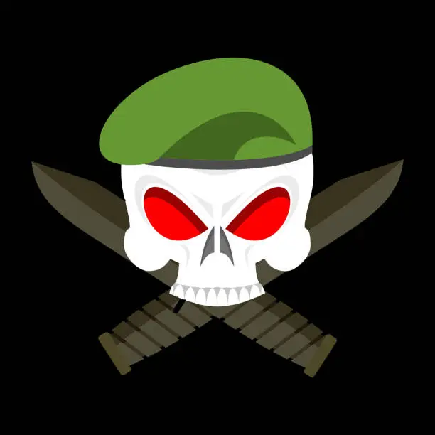 Vector illustration of Skull in beret military emblem. Army cap and knife. Terrible sign for clothing soldiers