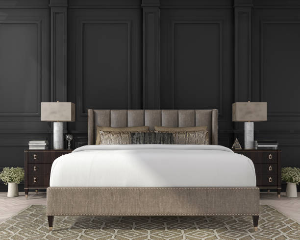 istock 3d rendering classic bed in dark wood bedroom 687335464