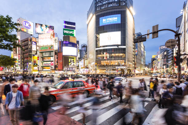 shibuya-kreuzung in der nacht in tokio - crosswalk crowd activity long exposure stock-fotos und bilder