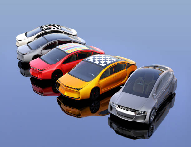 istock Colorful electric cars with graphic pattern on the roof 687352746