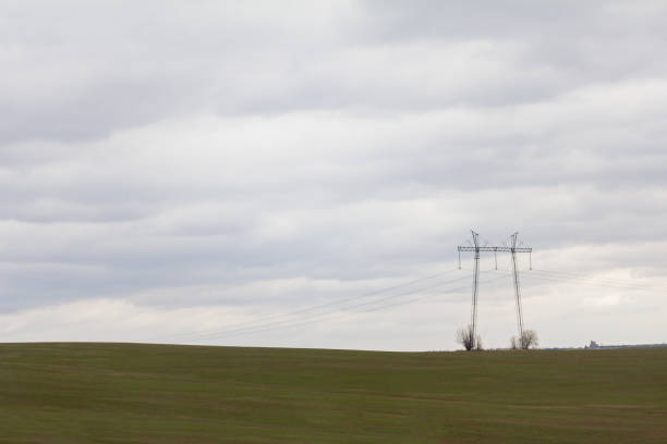 istock Green field with double high-voltage tower - spring countryside in Russia 687355756