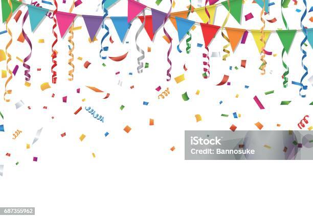 Party Flags With Confetti And Streamer Stock Illustration - Download Image Now - Celebration, Computer Graphic, Party - Social Event