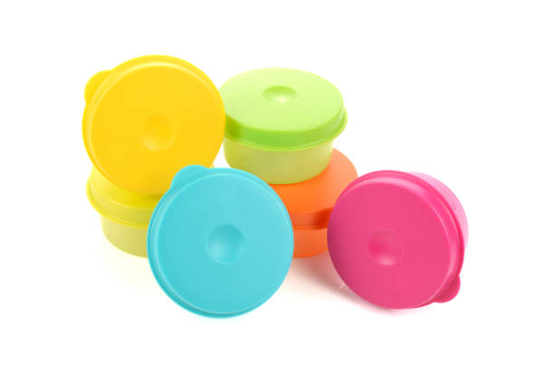 istock Plastic containers for food with lid ajar isolated on white colorful collage 687356504