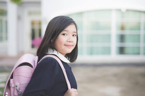 istock Asian school girl with pink backpack outdoors 687363482